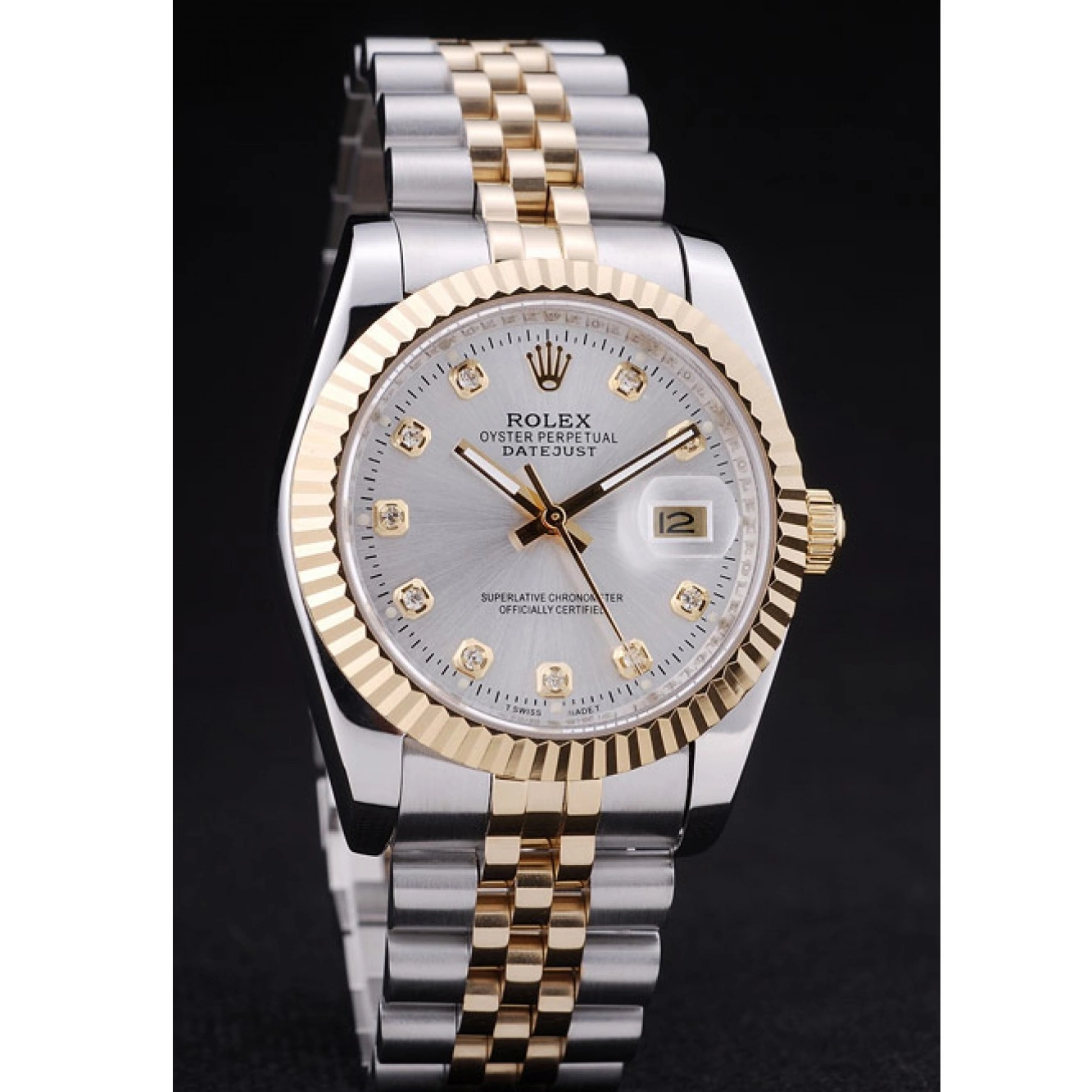 Aaa replica watch Ribbed Datejust Bezel Rolex Dial Silver Diamonds 7454 0727
